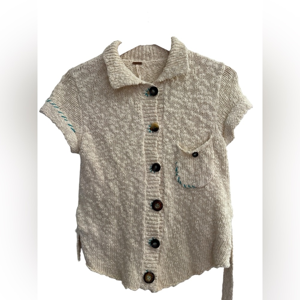 Free People Chunky Knit Button Cardigan Top Tie Waist Neutral Size L - Picture 2 of 6